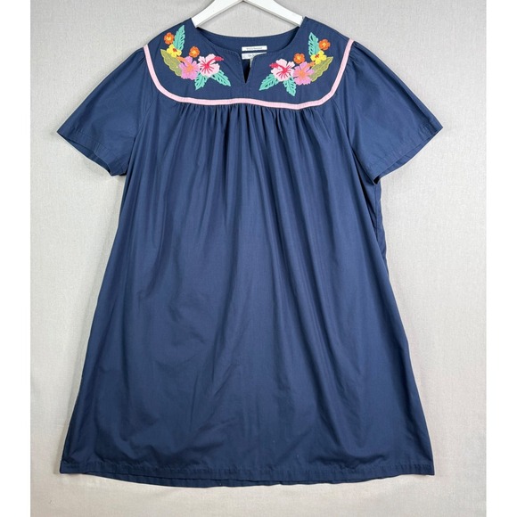 Go Softly Patio Dresses & Skirts - Go Softly Patio Dress Womens XL Navy Blue Embroidered Floral Short Sleeve Pocket